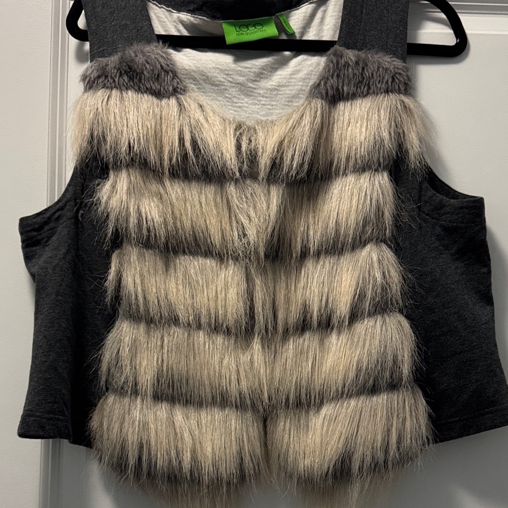 LOGO by Lori Goldstein Black and Cream Faux Fur Vest